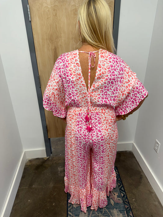 Pink and Orange Leopard Print Jumpsuit