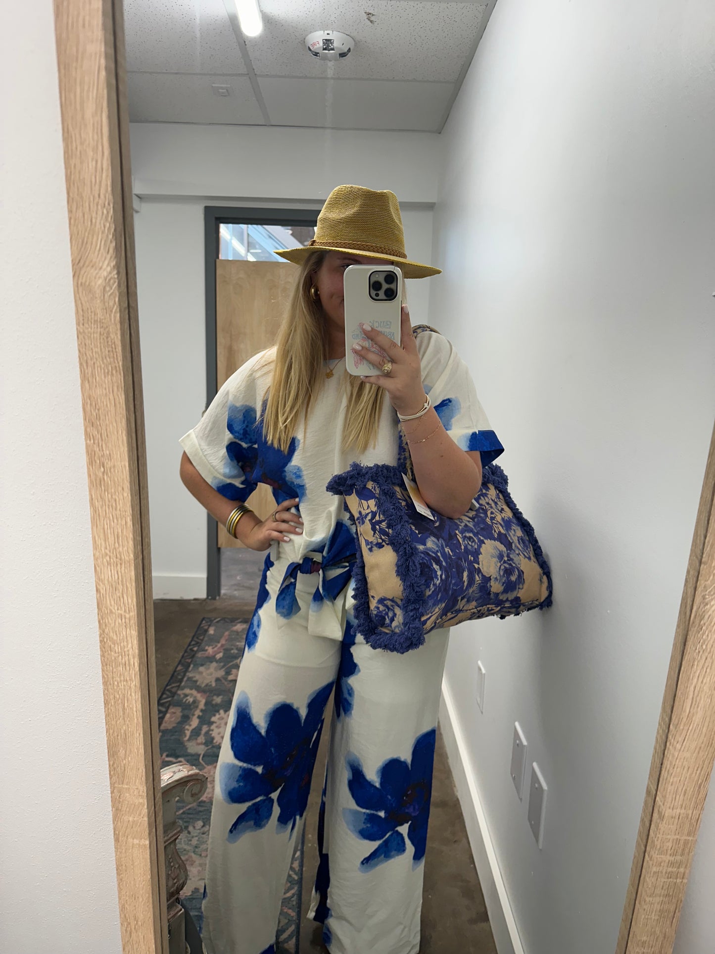 Cropped White Blouse with Blue Floral