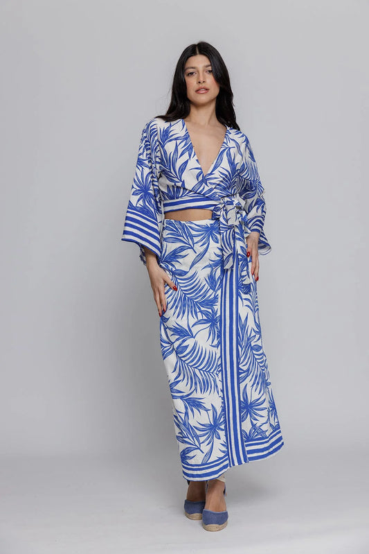 Tropical Blue and White Tie-Front Top