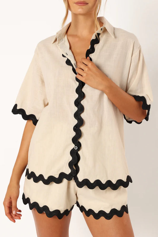 Contrast Scallop Trim Linen Shirt