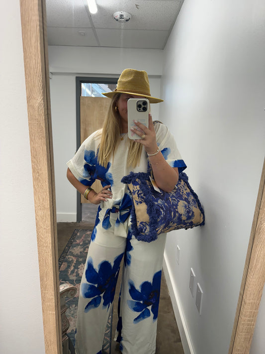 White Palazzo Pant with Blue and White Print with Belt