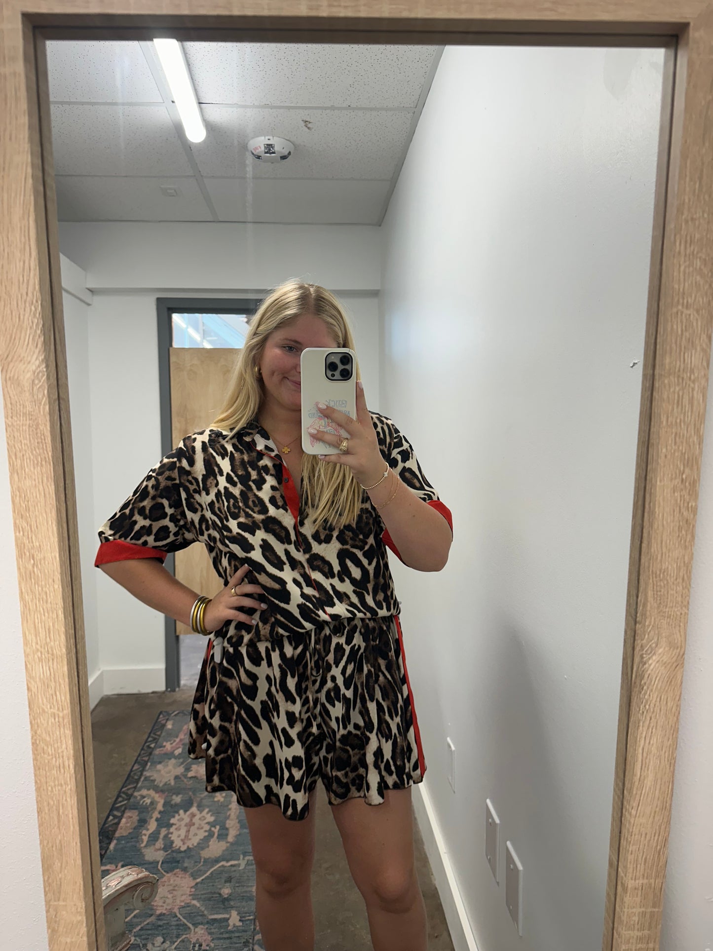 Leopard Print Shorts with Red Stripe