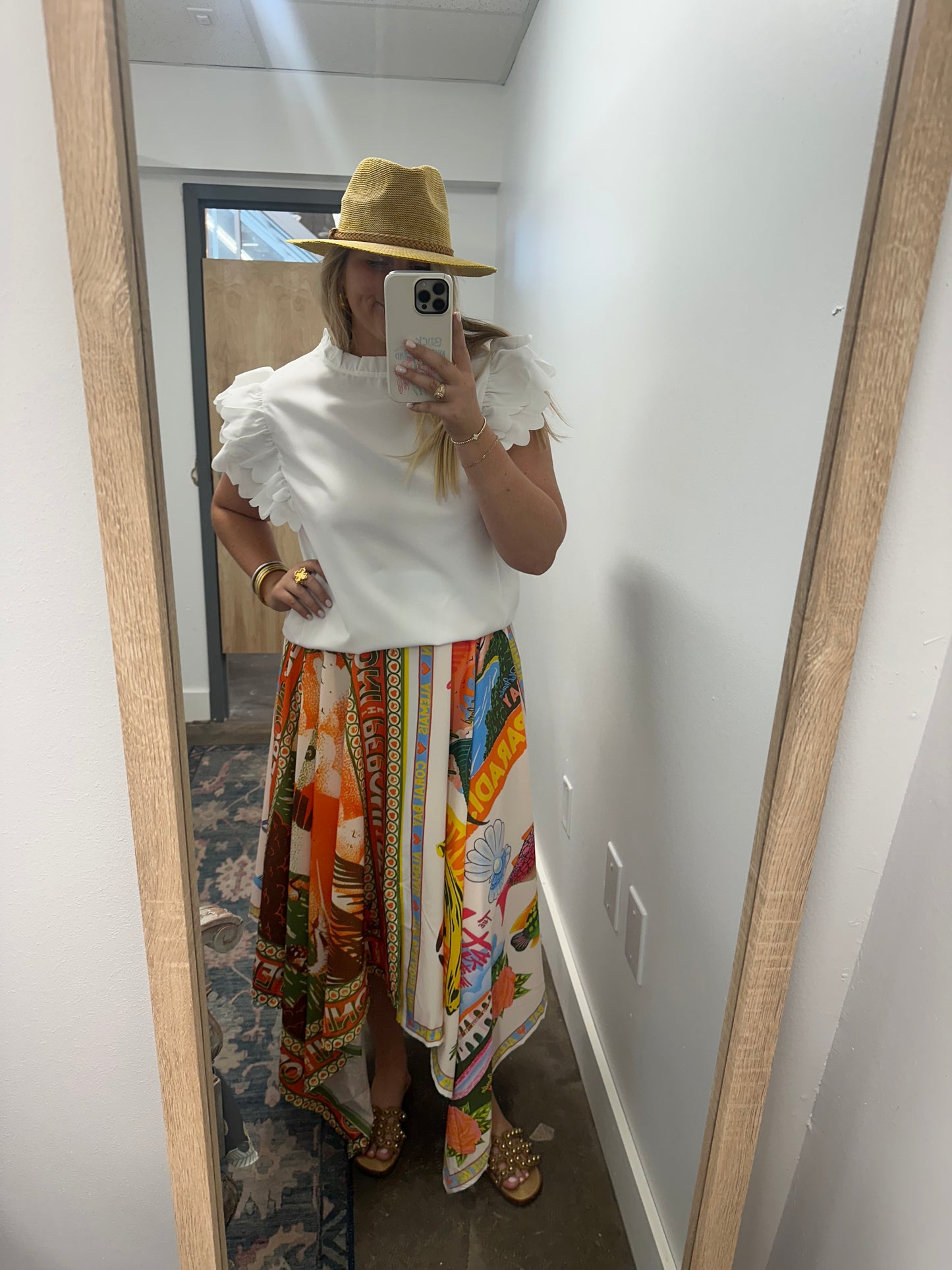 Scalloped White Ruffle Short Sleeve Top